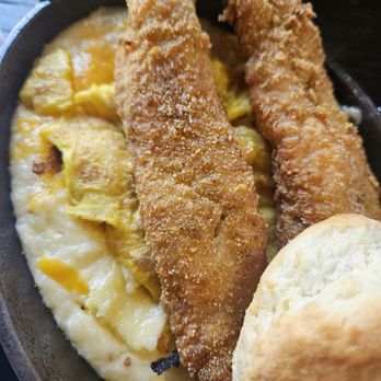 Blvd Bistro - Fish, cheese grits, Scrambled eggs and homemade biscuits - American Near Me - New York, New York Blvd Bistro - Fish, cheese grits, Scrambled eggs and homemade biscuits - American Near Me - New York, New York