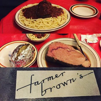 Farmer Brown's Steak House - His and hers! Spaghetti and meatballs and prime rib with a baked potato! - Steakhouses Near Me - Waterloo, Nebraska Farmer Brown's Steak House - His and hers! Spaghetti and meatballs and prime rib with a baked potato! - Steakhouses Near Me - Waterloo, Nebraska