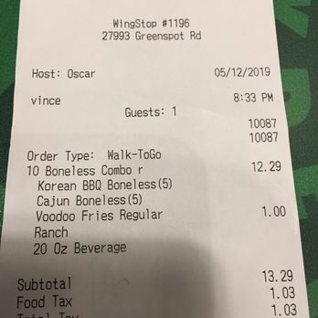 Wingstop - Receipt - Chicken Wings Near Me - Highland, California
