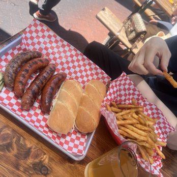 Copenhagen Sausage Garden - Sausage sampler with fries and beer - Hot Dogs Near Me - Solvang, California Copenhagen Sausage Garden - Sausage sampler with fries and beer - Hot Dogs Near Me - Solvang, California