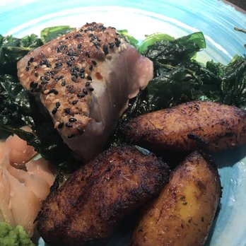 Caps On The Water - Ahi tuna with fried spinach and plantains. - Seafood Near Me - St Augustine, Florida Caps On The Water - Ahi tuna with fried spinach and plantains. - Seafood Near Me - St Augustine, Florida