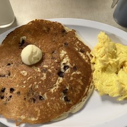 Harbaugh's Cafe - Chocolate chip pancake and scrambled eggs