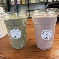 The Vermont Juice - Two Strawberry Fields Smoothies -- one on the left with spinach added!