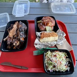 Copper Top BBQ - Pork ribs, coleslaw, tri tip sandwich with pickles, onions, jalapeño
