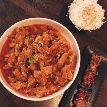 Zu Izakaya - Kkanpungi (Korean style fried chicken) with a side of rice and a chicken skewer - Asian Fusion Near Me - Tempe, Arizona Zu Izakaya - Kkanpungi (Korean style fried chicken) with a side of rice and a chicken skewer - Asian Fusion Near Me - Tempe, Arizona