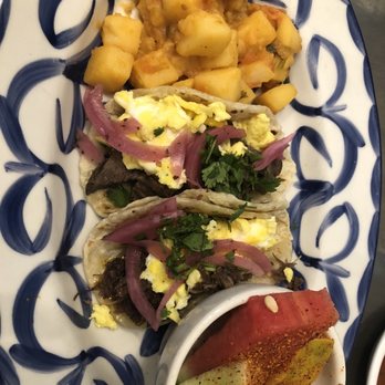 Ambriza - Brunch menu breakfast tacos (carne asada on left, barbacoa on right) - Mexican Near Me - Cypress, Texas