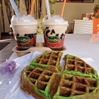 BAMBU - Waffle and taro macaroon and our favorite drink #10 favorite jelly drink - Juice Bars & Smoothies Near Me - Elk Grove, California