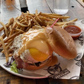 Fightingtown Tavern - Psycho Burger June with Cornbeef, egg, swiss - Burgers Near Me - Blue Ridge, Georgia Fightingtown Tavern - Psycho Burger June with Cornbeef, egg, swiss - Burgers Near Me - Blue Ridge, Georgia