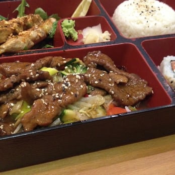 Musashi - Beef teriyaki, some form of spicy chicken skewer, crab and salmon sushi and rice. - Sushi Bars Near Me - Dublin, D Musashi - Beef teriyaki, some form of spicy chicken skewer, crab and salmon sushi and rice. - Sushi Bars Near Me - Dublin, D