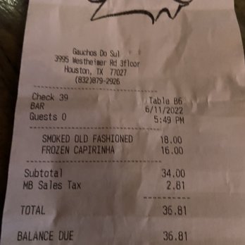 Gauchos Do Sul - Bar bill - Brazilian Near Me - Katy, Texas Gauchos Do Sul - Bar bill - Brazilian Near Me - Katy, Texas