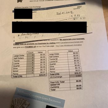 HY Point Canadian Coin Exchange - You'll have to excuse the heavily redacted nature of my photo, but I wanted to post something as proof that this company is above board. - Currency Exchange Near Me - Williston, Vermont HY Point Canadian Coin Exchange - You'll have to excuse the heavily redacted nature of my photo, but I wanted to post something as proof that this company is above board. - Currency Exchange Near Me - Williston, Vermont