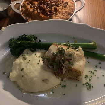 Coraline’s - Chef's choice,Sea Bass with Crab Beurre Blanc, broccolini, mashed potatoes (excellent), and sweet potato casserole ( )! - Seafood Near Me - Biloxi, Mississippi Coraline’s - Chef's choice,Sea Bass with Crab Beurre Blanc, broccolini, mashed potatoes (excellent), and sweet potato casserole ( )! - Seafood Near Me - Biloxi, Mississippi