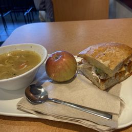 Lunch chipotle chicken avocado  sandwich  with chicken soup