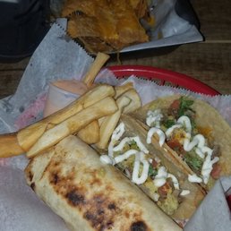Burrito and Steak taco combo with Spicy Mango salsa with Yuka fries and chips and queso! Burrito and Steak taco combo with Spicy Mango salsa with Yuka fries and chips and queso!