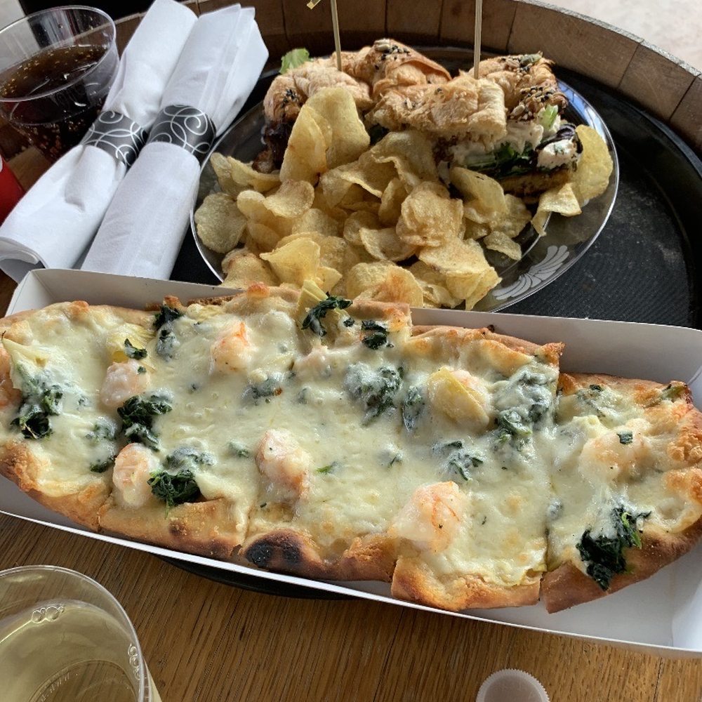 Singing Water Vineyards - Shrimp flatbread and chicken salad sandwich - Wine Tasting Room Near Me - Comfort, Texas Singing Water Vineyards - Shrimp flatbread and chicken salad sandwich - Wine Tasting Room Near Me - Comfort, Texas