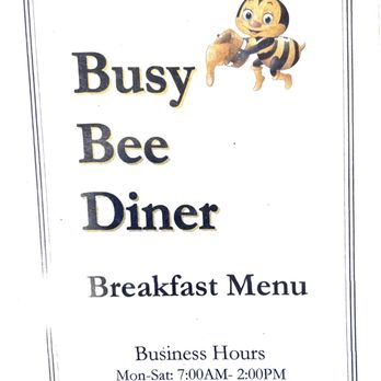 Busy Bee Diner - Menu page 1 - A menu page for Busy Bee Diner displaying breakfast hours, with a bee mascot at the top. - Diners Near Me - Glover, Vermont