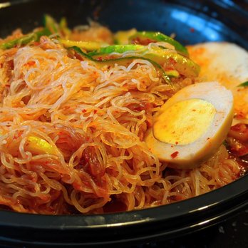E.M. Bop - Hamheung Bibim Naegmeyeon [sic]. To-go. $12.99. After pouring in the broth. Noodle close-up. - Korean Near Me - Duluth, Georgia