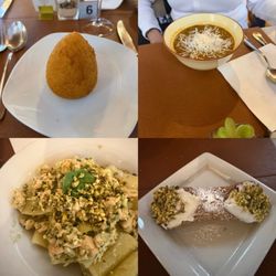 Sicilian Brera - Arincini, lentil soup, salmon pasta and pistachio cannoli.