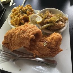 Catfish, mac and cheese, cabbage