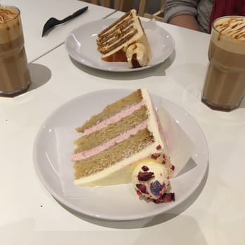 Cutter and Squidge - Rose and lychee cake with salted caramel lattes. - Cafes Near Me - Soho, XGL Cutter and Squidge - Rose and lychee cake with salted caramel lattes. - Cafes Near Me - Soho, XGL
