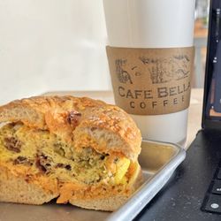 Cafe Bella Coffee - One seriously good bagel sandwich.  Egg, bacon, green chile, sundried tomato cream cheese.  Yum.