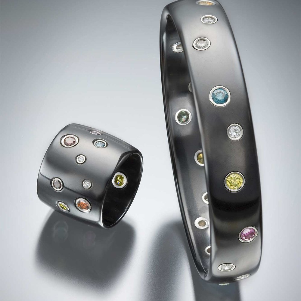 ZFolio Gallery Solvang - Colored Diamonds set in gem ceramic ring and bracelet by Etienne Perret - Art Galleries Near Me - Solvang, California ZFolio Gallery Solvang - Colored Diamonds set in gem ceramic ring and bracelet by Etienne Perret - Art Galleries Near Me - Solvang, California