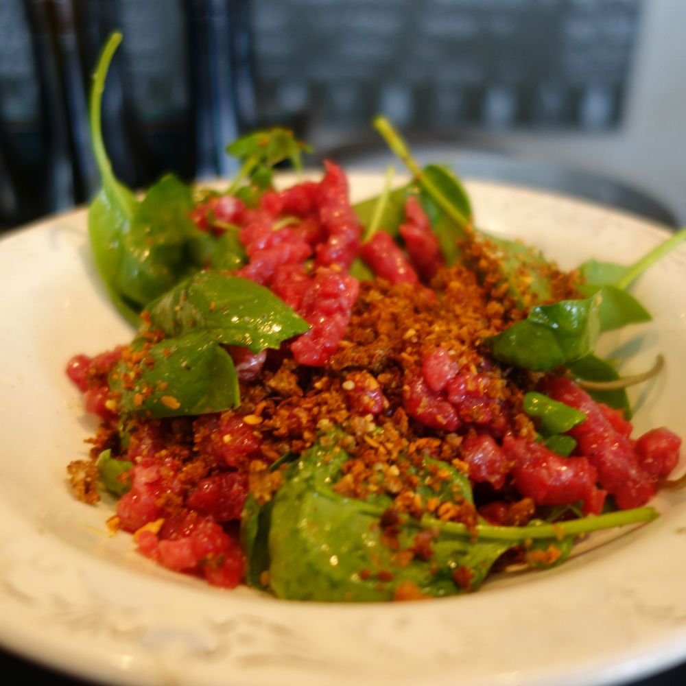 Manfreds - Beef Tartare, Spinach, Egg Yolk, Bread Crumbs @endoedibles on Instagram for more - Scandinavian Near Me - København N, 84 Manfreds - Beef Tartare, Spinach, Egg Yolk, Bread Crumbs @endoedibles on Instagram for more - Scandinavian Near Me - København N, 84
