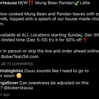 Bober Tea - Nowhere does it mention I have to show this post to the get the mung bean pandan latte (Part 2/2) - Bubble Tea Near Me - Sacramento, California