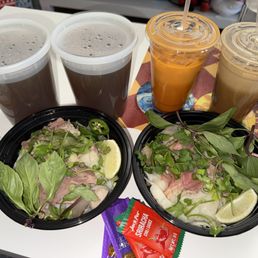 Pho Dac Biet Pho (beef combination), Thai Iced Tea, Vietnamese Iced Coffee
