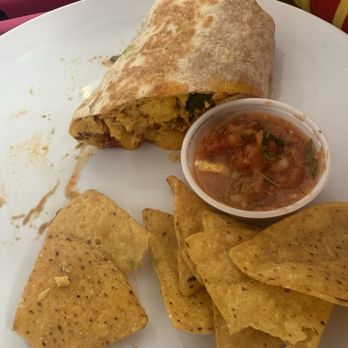 Luna Coffee Bar - Chorizo burrito it was good but missing salt. The salsa and chips are very tasty. - Coffee & Tea Near Me - Cayucos, California
