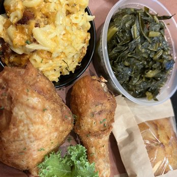 Geneva's Famous Chicken and Cornbread - Two piece combo dark with an extra side (greens and macaroni and cheese) - Southern Near Me - Savannah, Georgia Geneva's Famous Chicken and Cornbread - Two piece combo dark with an extra side (greens and macaroni and cheese) - Southern Near Me - Savannah, Georgia