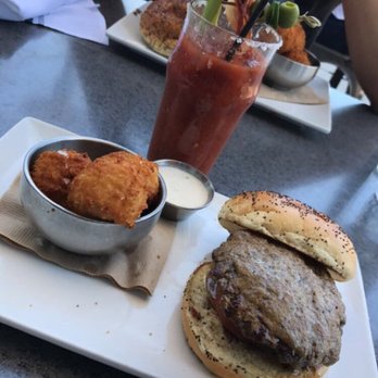 Eureka! - Bone Marrow Burger w/ Mac & Cheese balls & Bloody Mary - American Near Me - Concord, California Eureka! - Bone Marrow Burger w/ Mac & Cheese balls & Bloody Mary - American Near Me - Concord, California