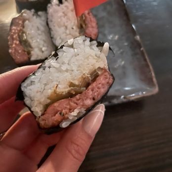 Noreetuh - Spicy Spam Musubi- VEGAN with omnipork and vegan mayo - New American Near Me - New York, New York Noreetuh - Spicy Spam Musubi- VEGAN with omnipork and vegan mayo - New American Near Me - New York, New York