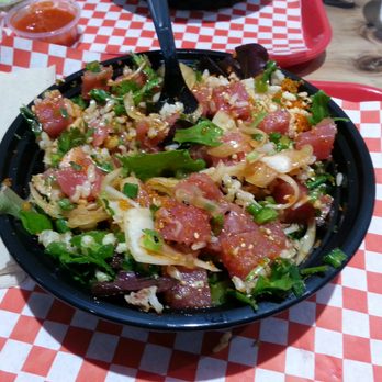 Uroko Poke - Large bowl. Half and half (salad,brown rice) with all tuna. Spicy sauce and all the fixings - Poke Near Me - Cypress, California Uroko Poke - Large bowl. Half and half (salad,brown rice) with all tuna. Spicy sauce and all the fixings - Poke Near Me - Cypress, California