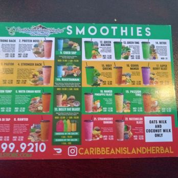 Caribbean Island Herbal - Menu (smoothies front) - Juice Bars & Smoothies Near Me - Miramar, Florida Caribbean Island Herbal - Menu (smoothies front) - Juice Bars & Smoothies Near Me - Miramar, Florida