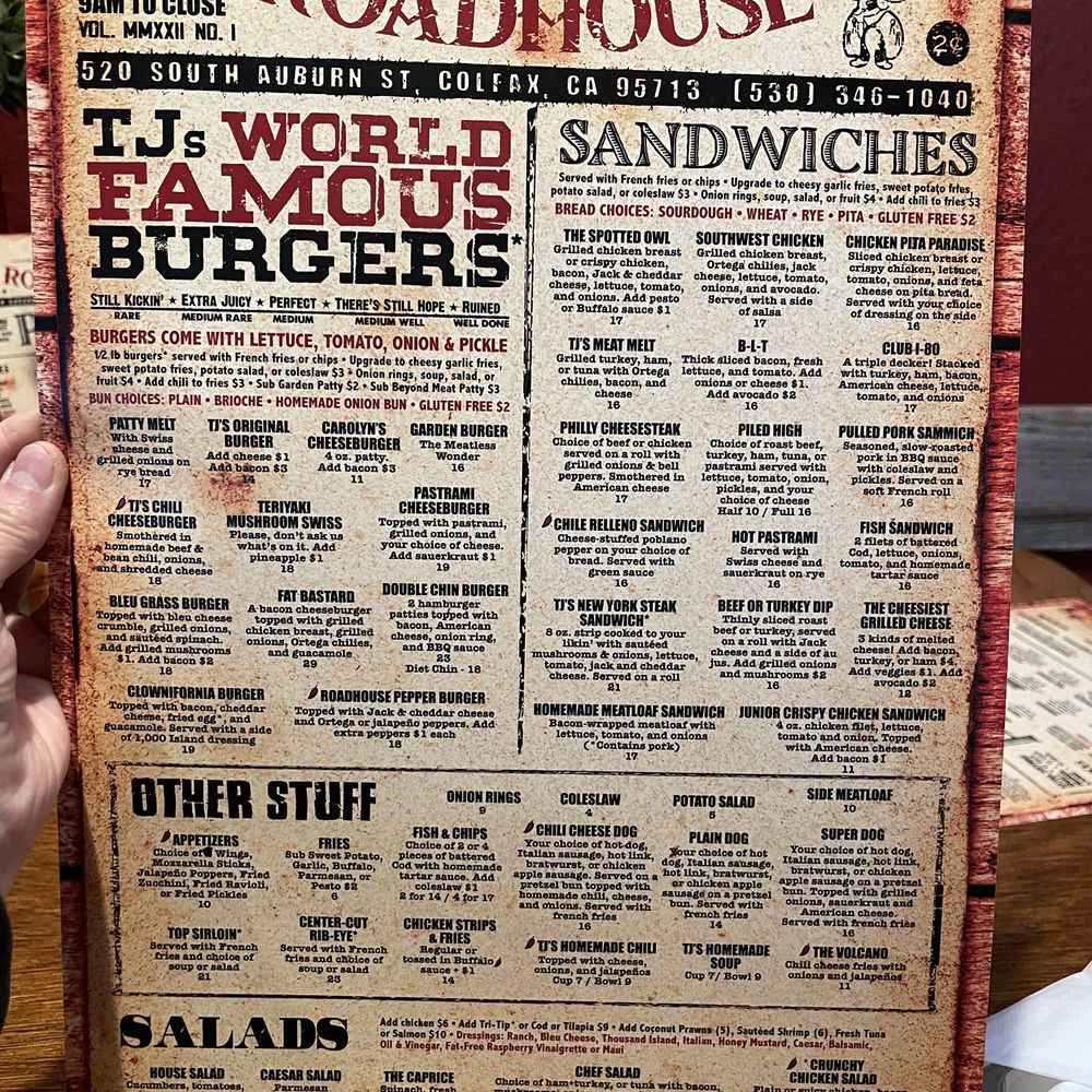 TJ's Roadhouse - Menu side 1 - American Near Me - Colfax, California TJ's Roadhouse - Menu side 1 - American Near Me - Colfax, California