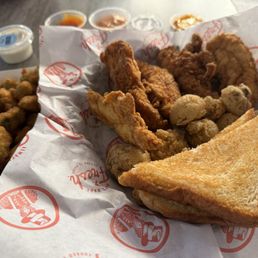 5 tenders meal with Texas toast and side of fried mushrooms. Also got a large side of fried okra as an extra. 5 tenders meal with Texas toast and side of fried mushrooms. Also got a large side of fried okra as an extra.