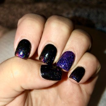 Fancy Tips & Toes - Today's Halloween Theme: black gel with holographic foil and a purple sparkle accent. Created & Imagined by Holly - Nail Salons Near Me - Clovis, California Fancy Tips & Toes - Today's Halloween Theme: black gel with holographic foil and a purple sparkle accent. Created & Imagined by Holly - Nail Salons Near Me - Clovis, California