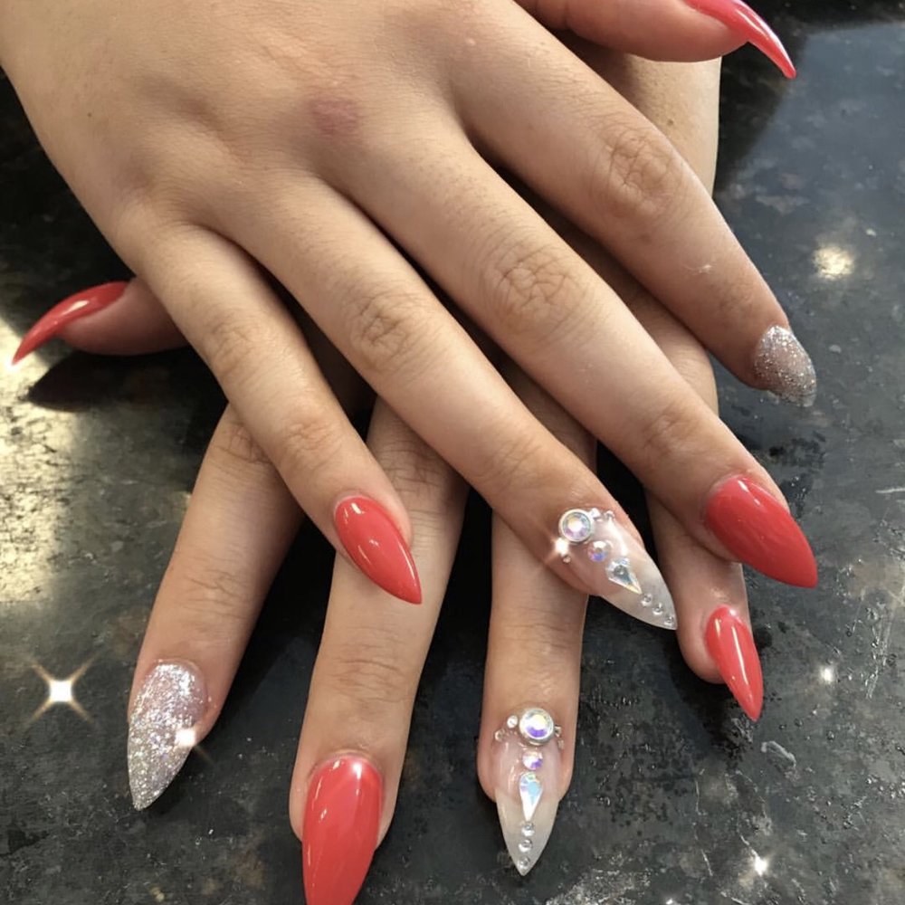 Philly's Nails and Spa - stiletto red with glitter and rhinestone accent nails, so cute they made it onto their instagram page :) - Nail Salons Near Me - Philadelphia, Pennsylvania