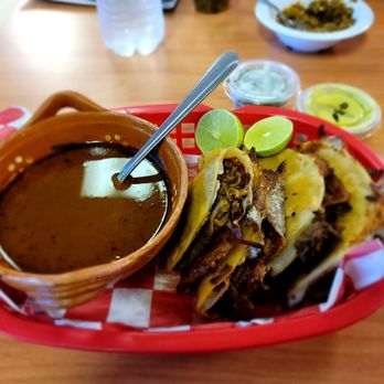 Molcajete"s - Quesabirria tacos and consomme dipping space.  Perfectly executed birria. - Mexican Near Me - Hatch, New Mexico