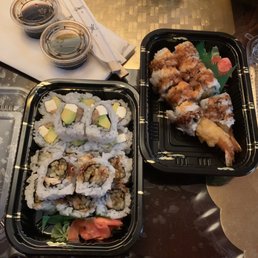 Shrimp Tempura Roll (right) Philadelphia roll and Eel roll (left) Shrimp Tempura Roll (right) Philadelphia roll and Eel roll (left)