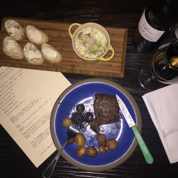 Mignon - Oeuf en Cocotte $8 + Hanger Steak with potatoes on the side $17 - Wine Bars Near Me - Los Angeles, California