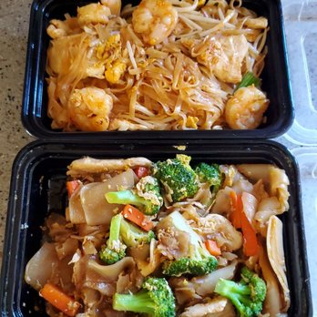 The Basil Restaurant - Chicken and shrimp Pad Thai (no onions) on top, chicken Pad See Eew on bottom - Thai Near Me - Carson City, Nevada