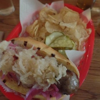 Threes Brewing - Baby Brat w/ kettle chips and pickles. Tasty. - Venues & Event Spaces Near Me - Brooklyn, New York