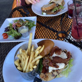 Square Root - Chicken sandwich, fried green tomato BLT, blueberry cocktail, and margarita. - American Near Me - Brevard, North Carolina