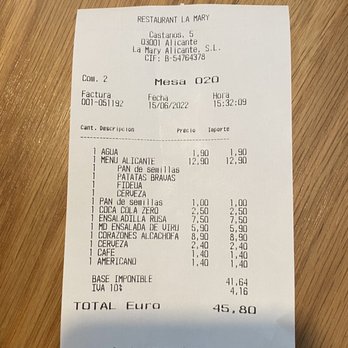 La Mary - The bill - Spanish Near Me - Alicante, A La Mary - The bill - Spanish Near Me - Alicante, A
