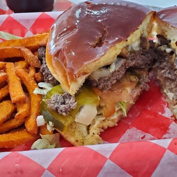 Nest Burger - Mushroom Swiss Burger, sweet tater fries. - Burgers Near Me - Plano, Texas Nest Burger - Mushroom Swiss Burger, sweet tater fries. - Burgers Near Me - Plano, Texas