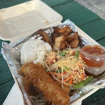 Ae's Thai Kitchen - Combo - coconut mahi mahi, fried pork belly, papaya salad, rice - Thai Near Me - Hana, Hawaii