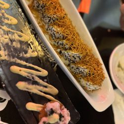 Inari Sushi Fusion Kendall - We ordered Leslie Roll shrimp crab and topped with sweet potato flakes  Salmon Teriyaki Leila Roll