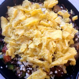 The greco had soft fluffy eggs, nice contrast of flavor from the sauteed veggies, crispy potatoes, and savory browned pieces of gyro! The greco had soft fluffy eggs, nice contrast of flavor from the sauteed veggies, crispy potatoes, and savory browned pieces of gyro!